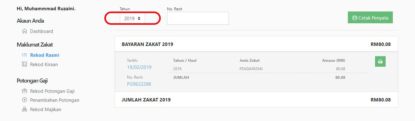 Cetak Resit / Penyata – Pusat Pungutan Zakat-MAIWP